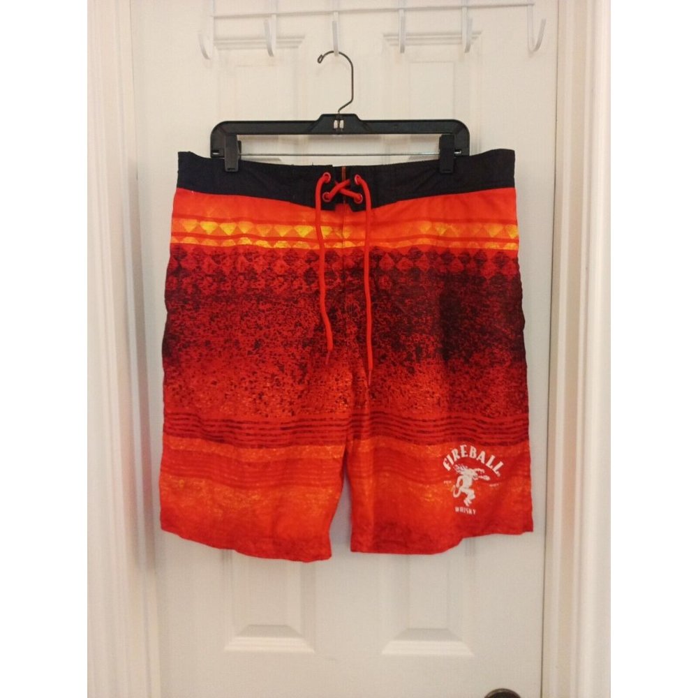 Men's Fireball Whiskey Red Hot & Orange Swim Trunks Big Logo Size 2XL